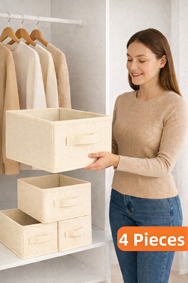 4 Pcs Cream Fabric Foldable Closet Clothes Organizer Box-45 Cmx30 Cmx20Cm