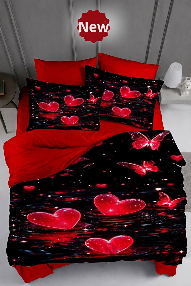 Valentine's Day Cotton Satin Double Duvet Cover Set with Elastic Sheets Love Candle