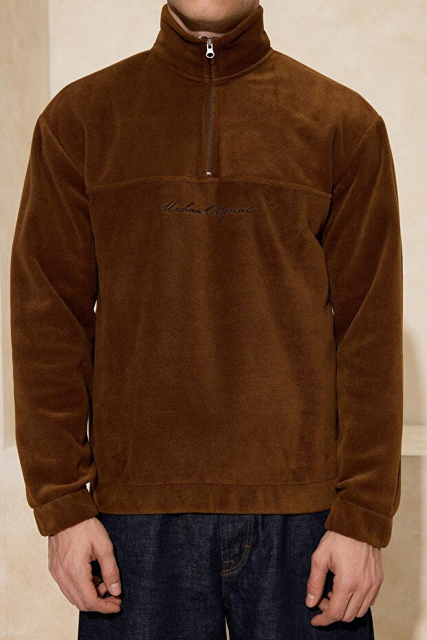 Kahverengi Oversize/Geniş Kesim Nakışlı Polar Sweatshirt TMNAW26SW00030 - 3