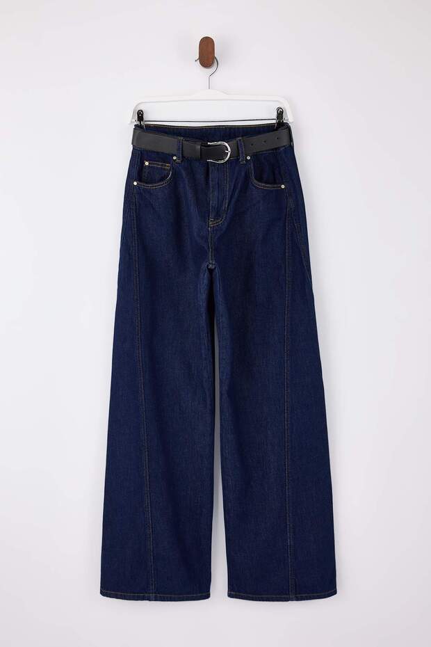 Koyu Mavi DÖKÜMLÜ Kemerli %100 Pamuk Normal Bel Wide Leg Jeans TWOSS26JE00076 - 5