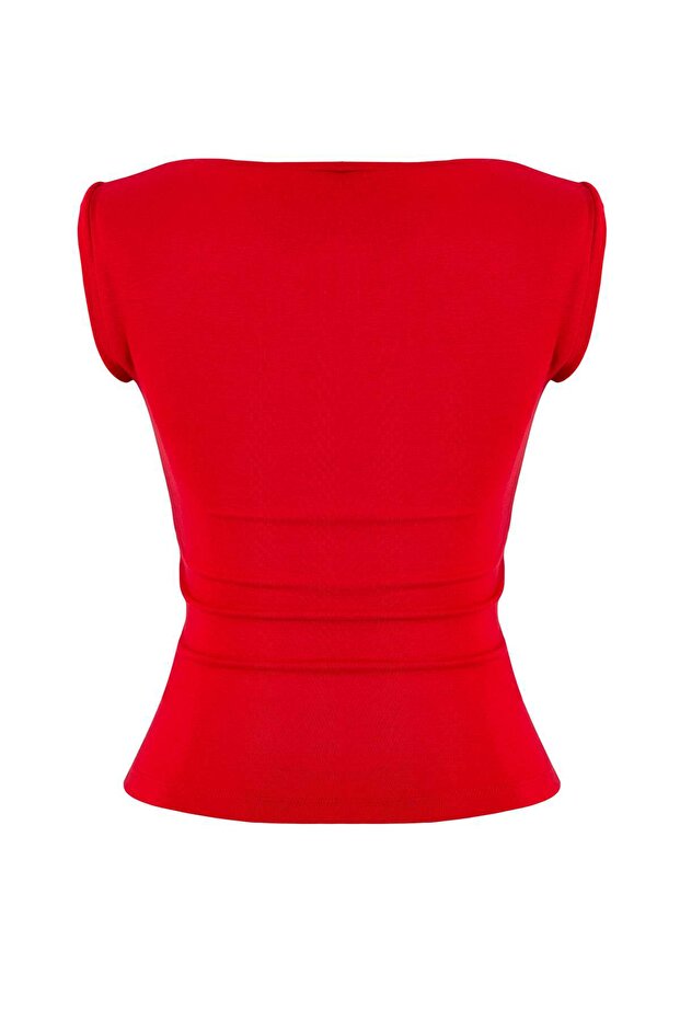 Kırmızı Fitted/Vücuda Oturan Kayık Yaka Kolsuz Yumuşak Örme Bluz TWOSS26BZ00045 - 7