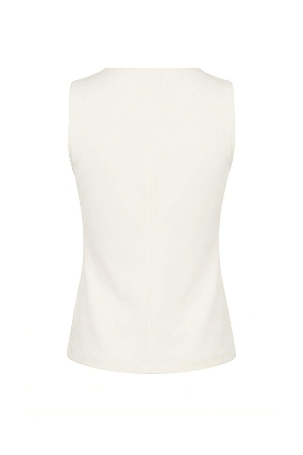 Ekru Düz Peplum V Yaka Kolsuz İnterlok Örme Bluz TWOSS26BZ00044 - 6
