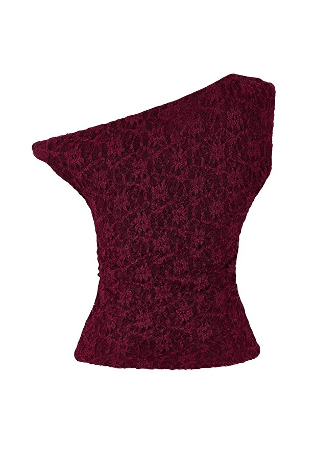 Bordo Fitted/Vücuda Oturan Asimetrik Yaka Düşük Kol Kolsuz Dantel Örme Bluz TWOSS26BZ00077 - 6
