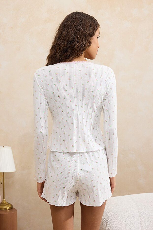 Ekru %100 Pamuklu Çiçekli Dantel Detaylı Pointel Örme Pijama Takımı THMSS26PT00039 - 7