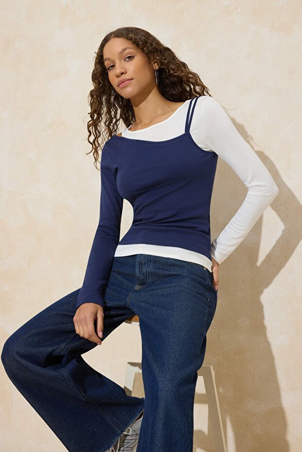 Navy Blue Double-Look Regular Fit Long Sleeve Cotton Ribbed Knitted Blouse Twoss26Bz00231