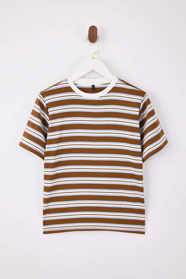 Mavi Çizgili Regular/Normal Kalıp Kısa Kollu Tok %100 Pamuk Vatkalı Örme T-Shirt TWOSS26TS00031 - 5
