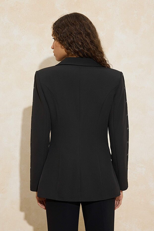 Siyah Kolları Kuşgözü Detaylı Dokuma Fitted/Vücuda Oturan Blazer Ceket TWOSS26BC00016 - 4