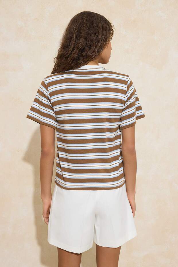 Mavi Çizgili Regular/Normal Kalıp Kısa Kollu Tok %100 Pamuk Vatkalı Örme T-Shirt TWOSS26TS00031 - 4