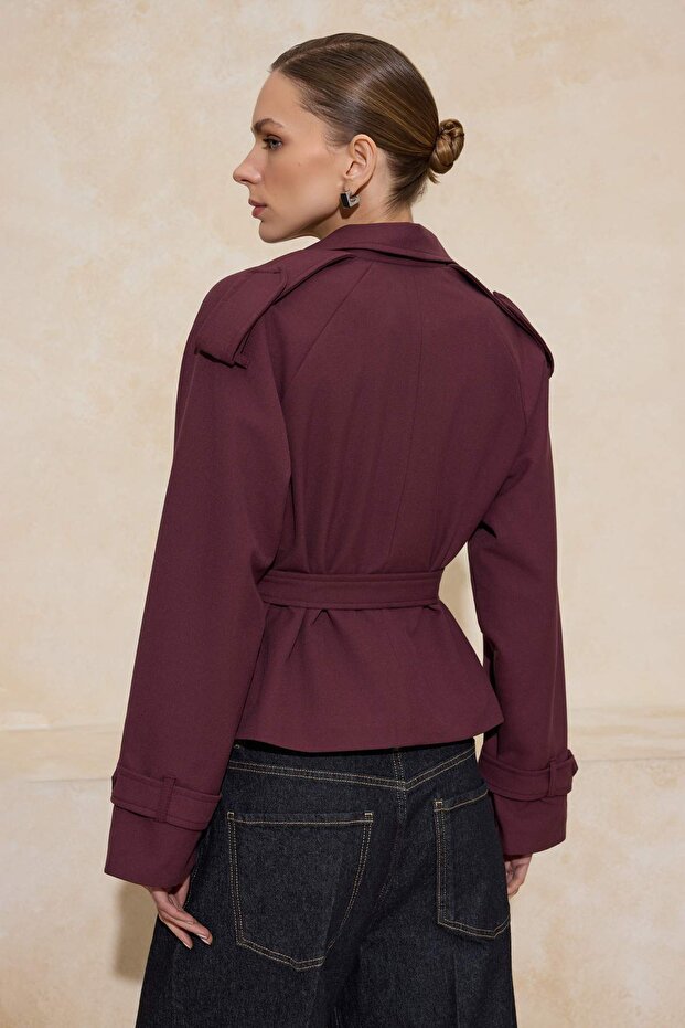 Bordo Premium Dokuma Crop Blazer Ceket TWOSS24BC00010 - 4