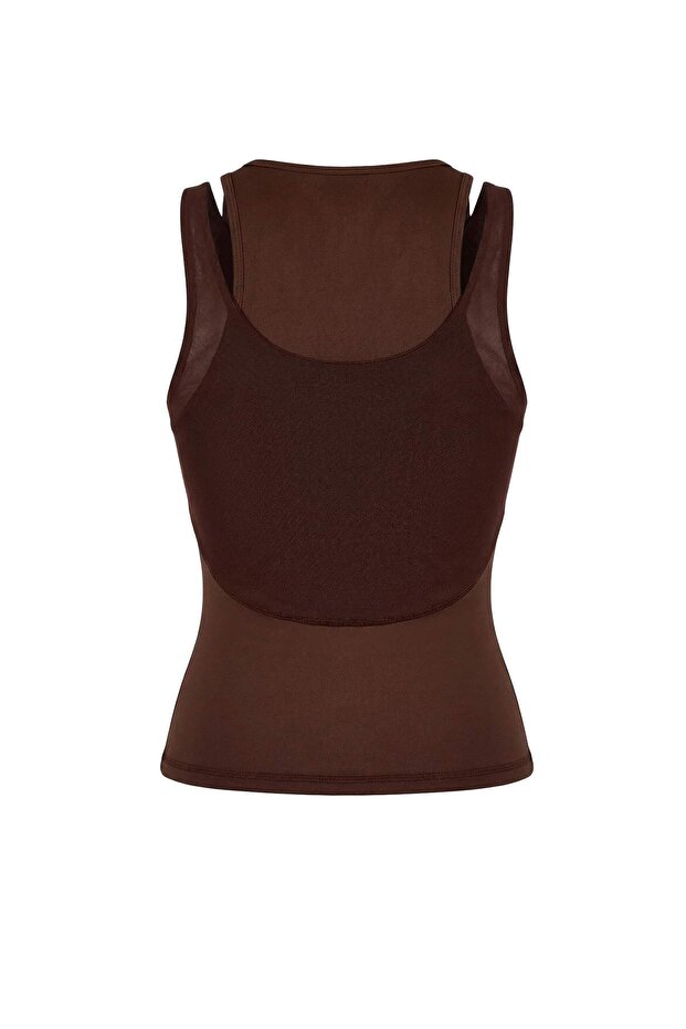 Koyu Kahverengi Dalgıç/Scuba Kumaş Tül Detaylı Örme Spor Üst/Bluz THMSS26BZ00003 - 7