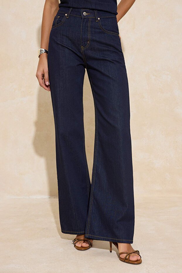 Koyu Mavi DÖKÜMLÜ Yüksek Bel %100 Pamuk Wide Leg Jeans TWOSS26JE00062 - 3