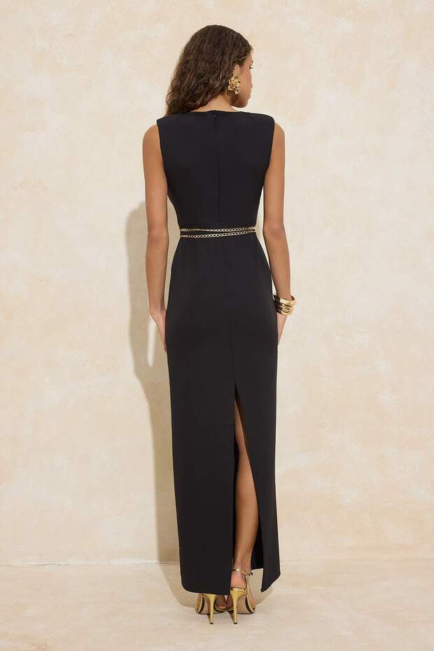 Siyah Cut Out Aksesuar Detaylı Maxi Abiye & Mezuniyet Elbise TPRSS26AE00021 - 4