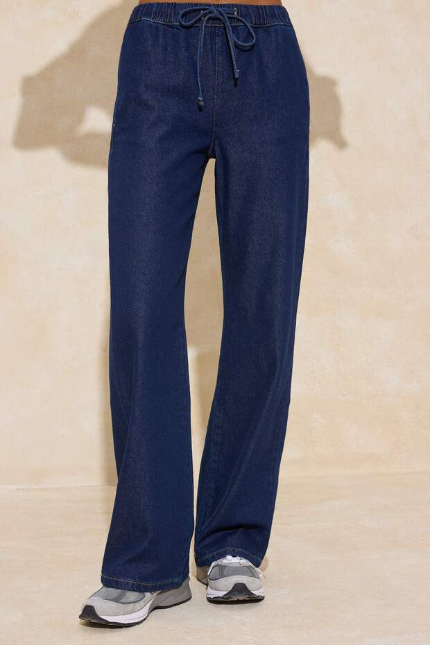 Koyu Mavi DÖKÜMLÜ Beli Lastikli Yüksek Bel Wide Leg Jeans TWOSS26JE00040 - 3