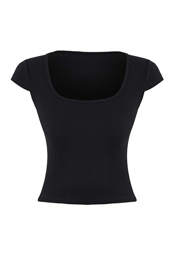 Wardrobe Essentials-Wardrope Essentials Siyah Fitted Kısa Kollu Crop Esnek Örme Bluz TWOSS26BZ00155 - 6