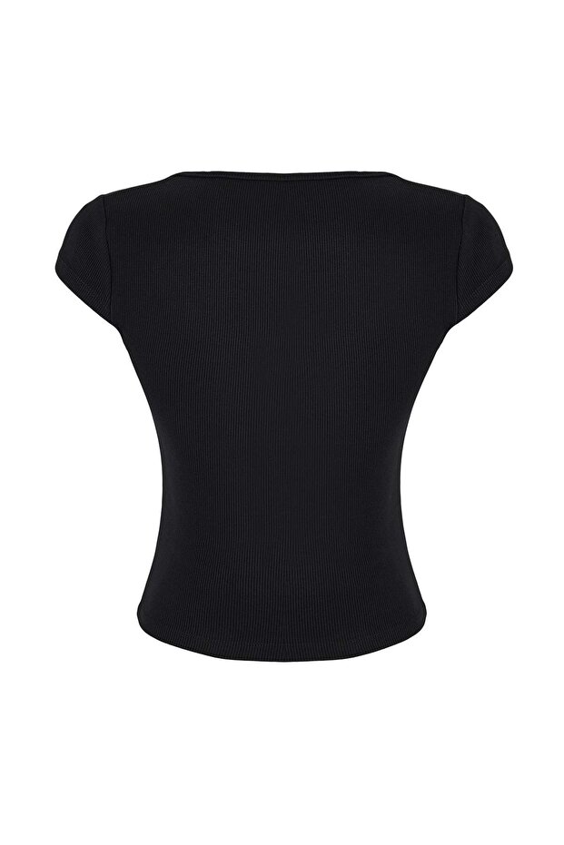 Wardrobe Essentials-Wardrope Essentials Siyah Fitted Kısa Kollu Crop Esnek Örme Bluz TWOSS26BZ00155 - 7