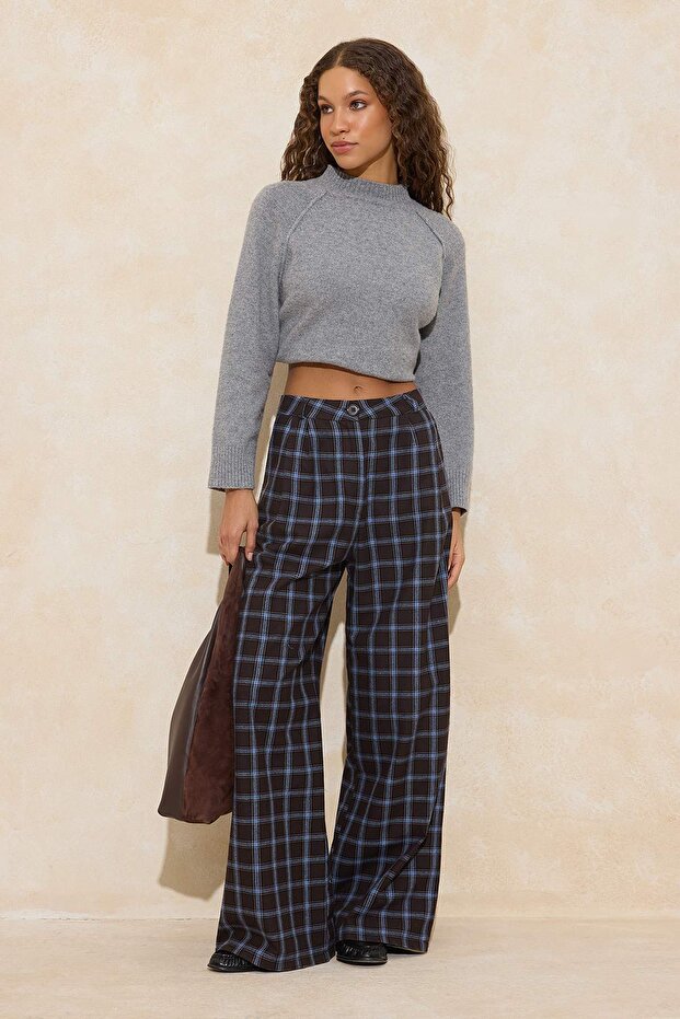 Kahverengi Ekose Wide Leg Pantolon TWOAW26PL00173 - 2