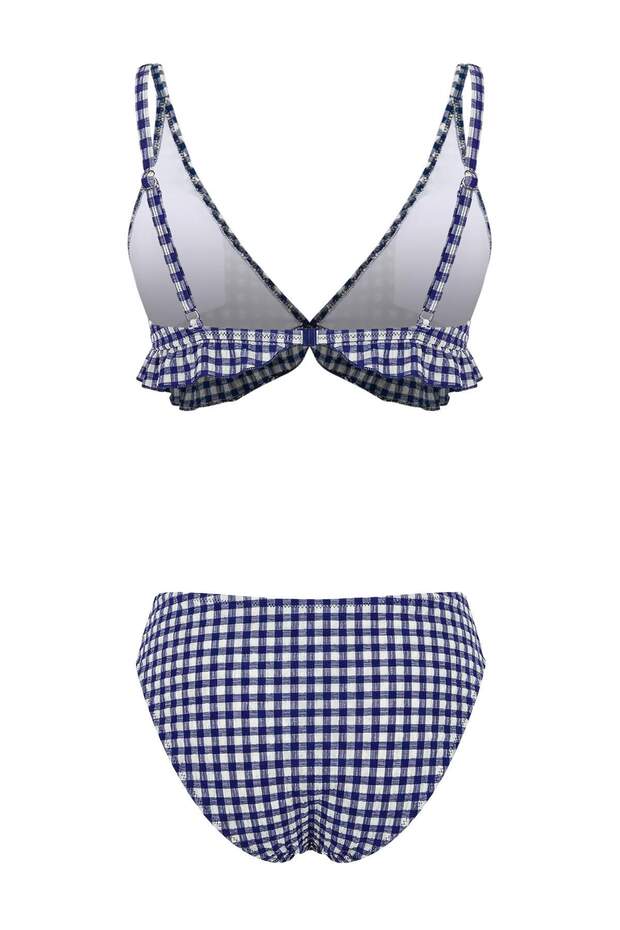 Lacivert Ekose Desenli Üçgen Kaplı Dokulu Fırfırlı Düşük Bel Regular Bikini Takımı TBESS26BT00025 - 7