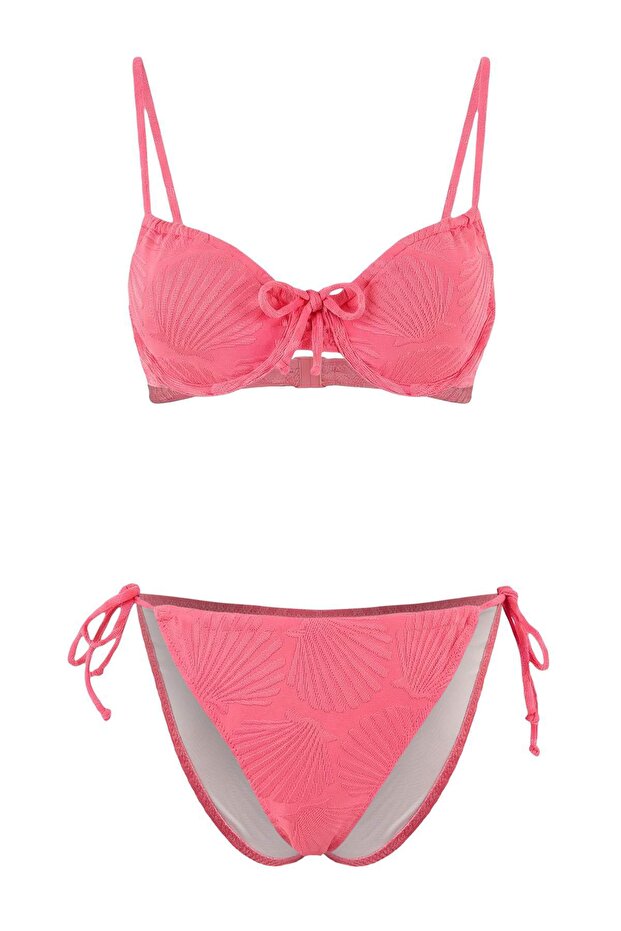 Pembe Tünelli Dokulu Balconette Kaplı Normal Bel Regular Bikini Takımı TBESS26BT00039 - 6