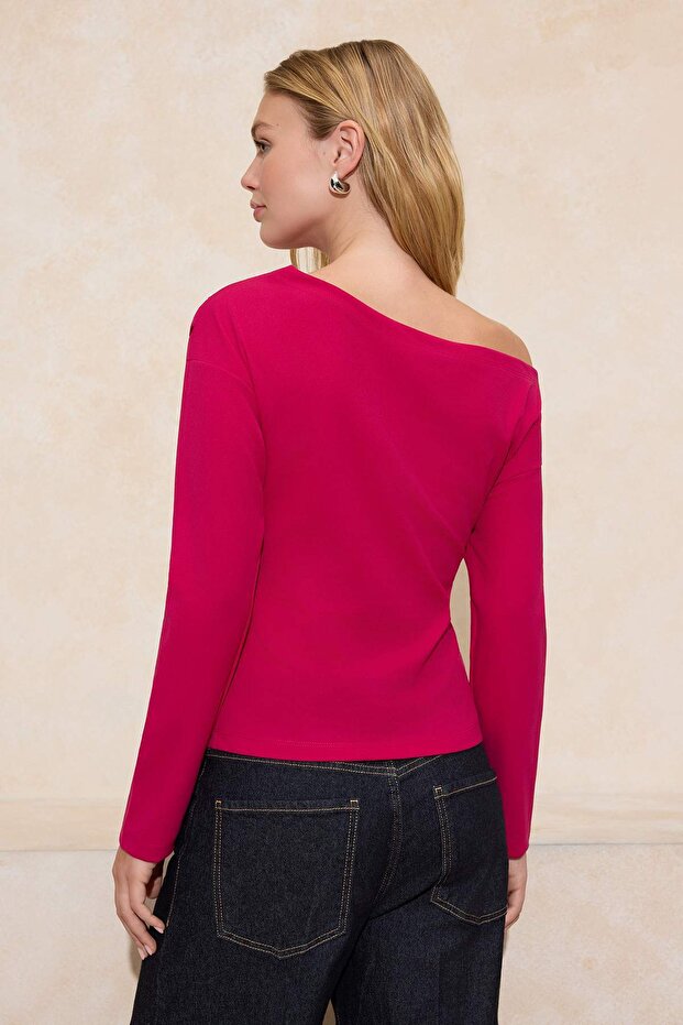 Fuşya Büzgü/Drape Detaylı Dökümlü Asimetrik Yaka Örme Bluz TWOAW26BZ00138 - 4