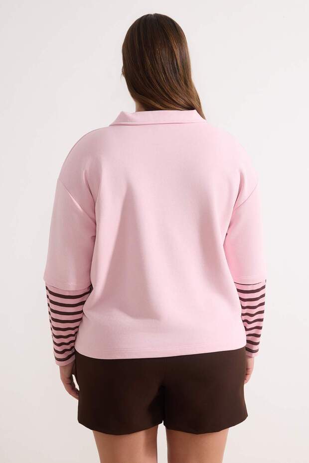 Pembe Polo Yaka Kolları Çizgili Büyük Beden Sweatshirt TBBAW26AO00053 - 3