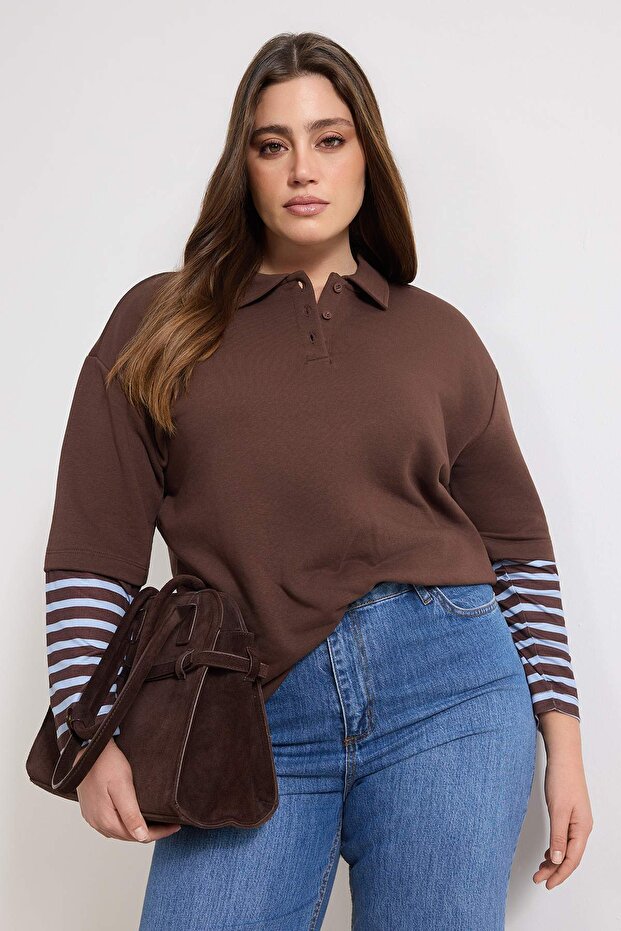 Kahverengi Polo Yaka Kolları Çizgili Büyük Beden Sweatshirt TBBAW26AO00053 - 5