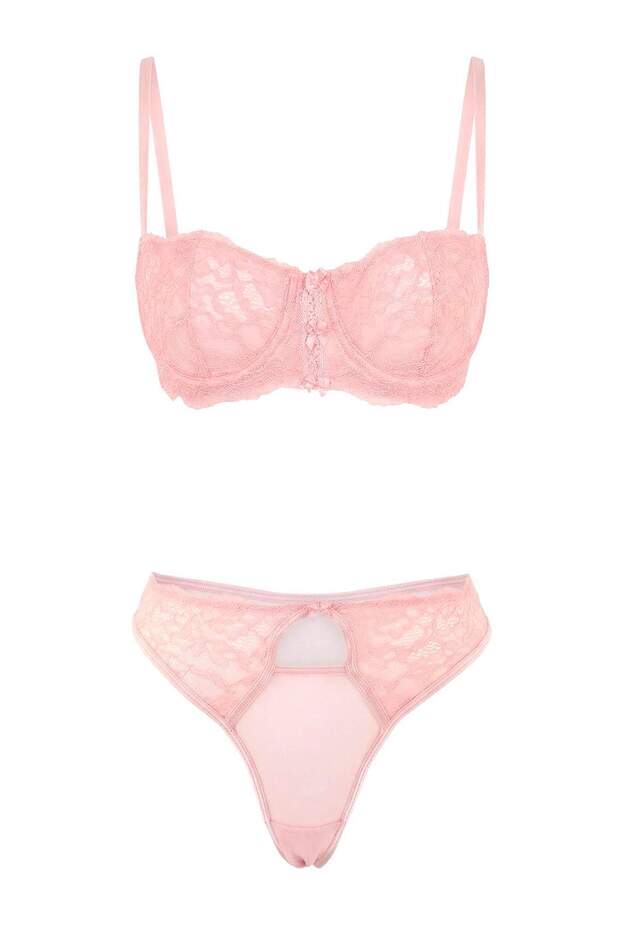Pembe Dantel Kurdele Detaylı Kapsız İç Çamaşırı Takımı THMSS26CC00010 - 2