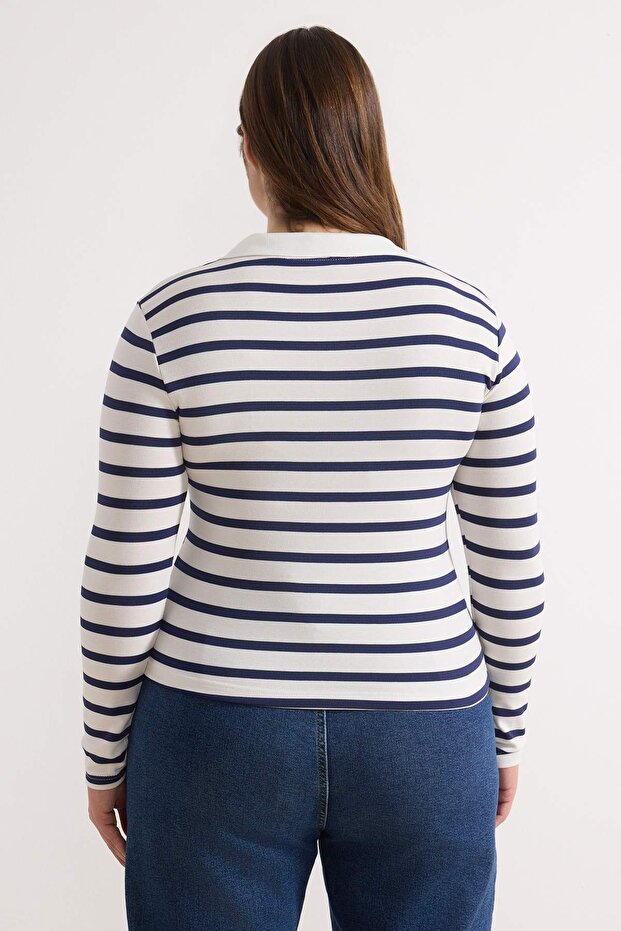 Lacivert Polo Yaka Çizgili Crop Boy Örme Büyük Beden Bluz TBBAW26AF00109 - 4