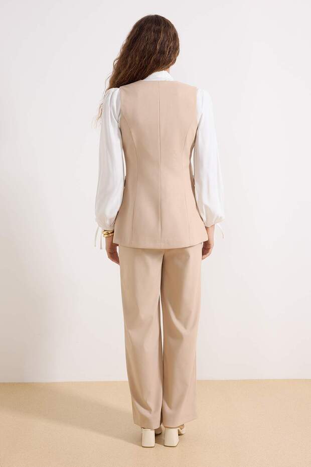 Limited Edition Bej Fitted Dokuma Yelek - Pantolon Alt - Üst Takım TCTSS26US00009 - 8