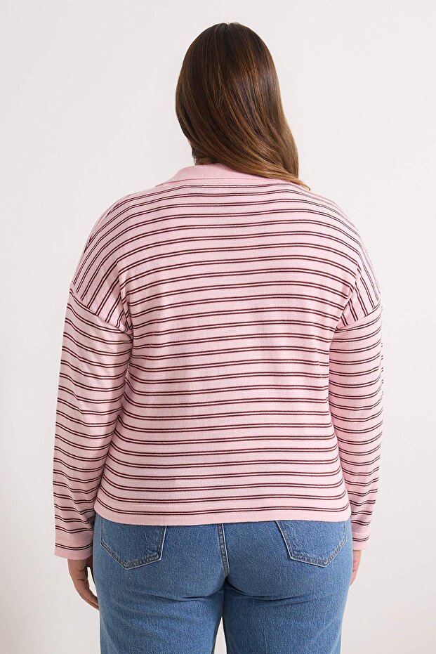 Wardrobe Essentials Pembe Premium İplik/Özel İplikli Geniş Kalıp Çizgili Triko Kazak TBBAW26AN00063 - 4