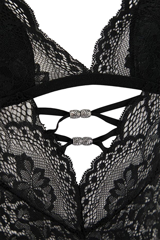 Siyah Dantal Aksesuar Detaylı Tulum/Babydoll THMSS26LL00001 - 4
