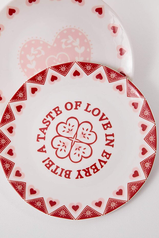 Kalp Desenli 4lü Porselen Pasta Tabağı Seti 21 cm - 3