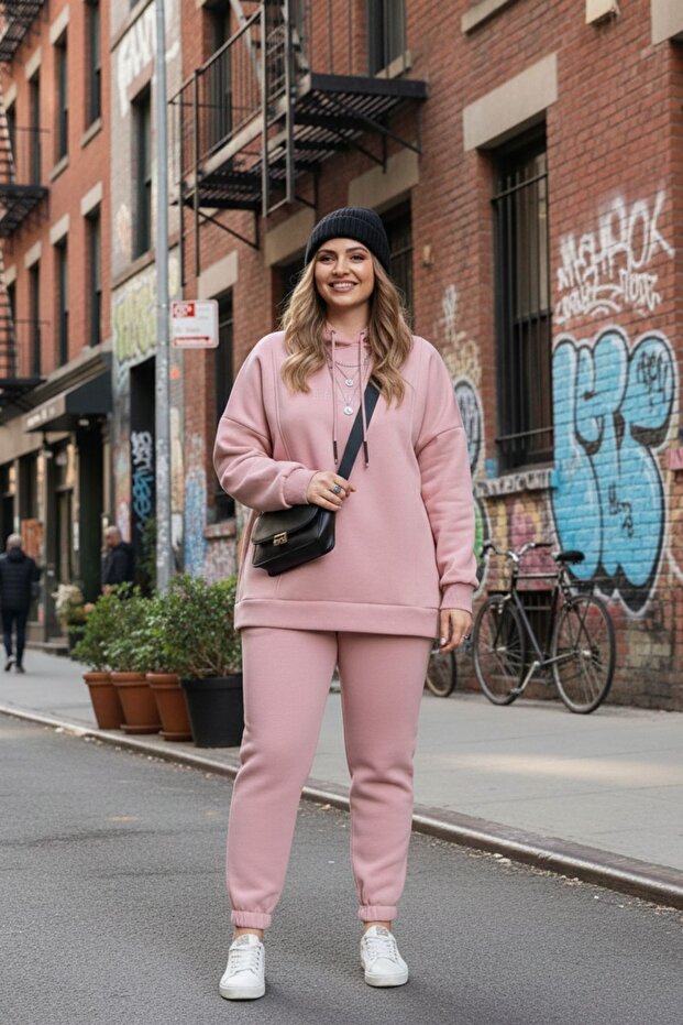 Women's Plus Size Cotton Fabric 2-Piece Tracksuit Set / Coral 22037