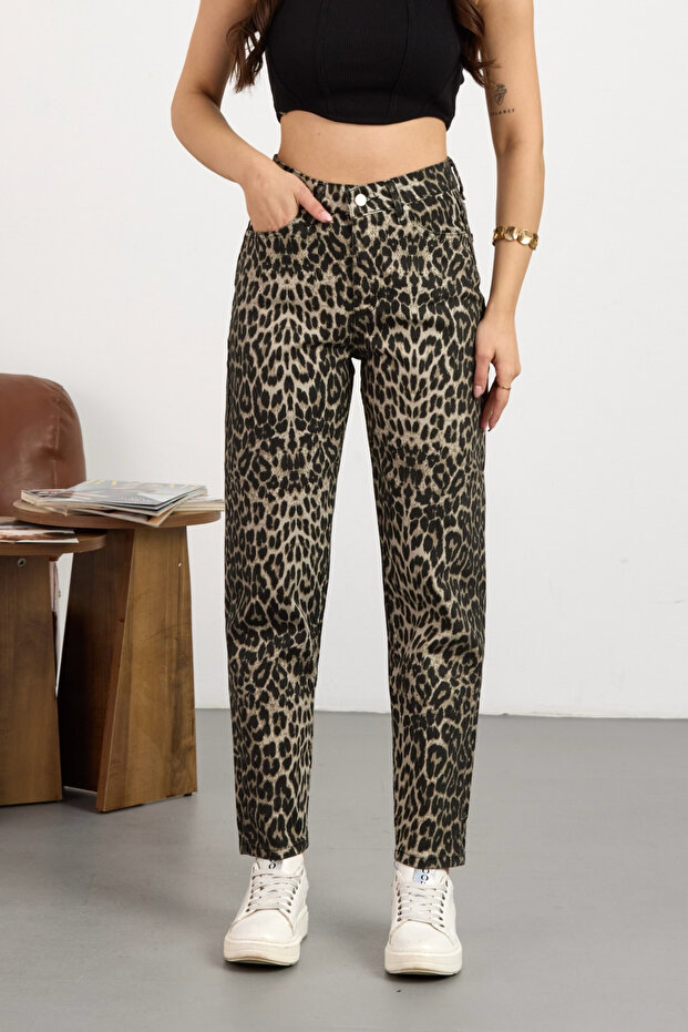 Women's Leopard Print High Waist Lycra Mom Jeans