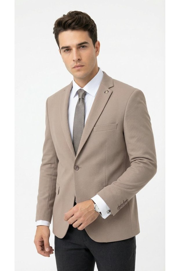 Men's Slim Fit Single Button Blazer Jacket – Mink Color, Stylish and Modern Cut