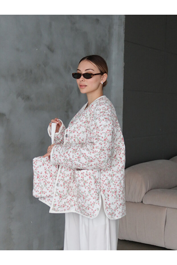 ÇİÇEKLİ ÇANTALI KAPİTONE OVERSİZE CEKET - 5