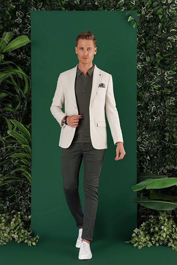 Slim Fit Mono Collar Linen Cotton Blend Stone Jacket C 636