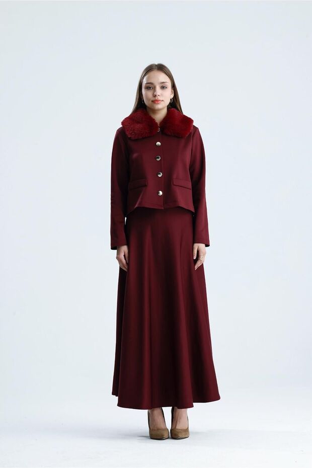 Women's Collar Fur Detailed Skuba Skirt Suit