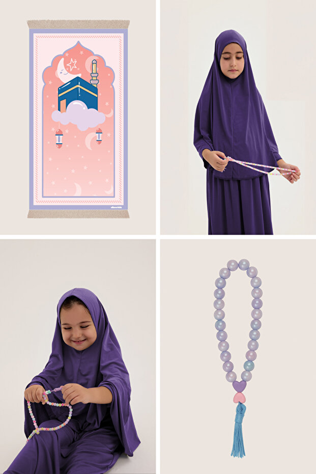 Namaz Set / Worship Set - Namaz Set, Moon Star Kaaba Patterned Sponge Prayer Mat, Rosary - Purple