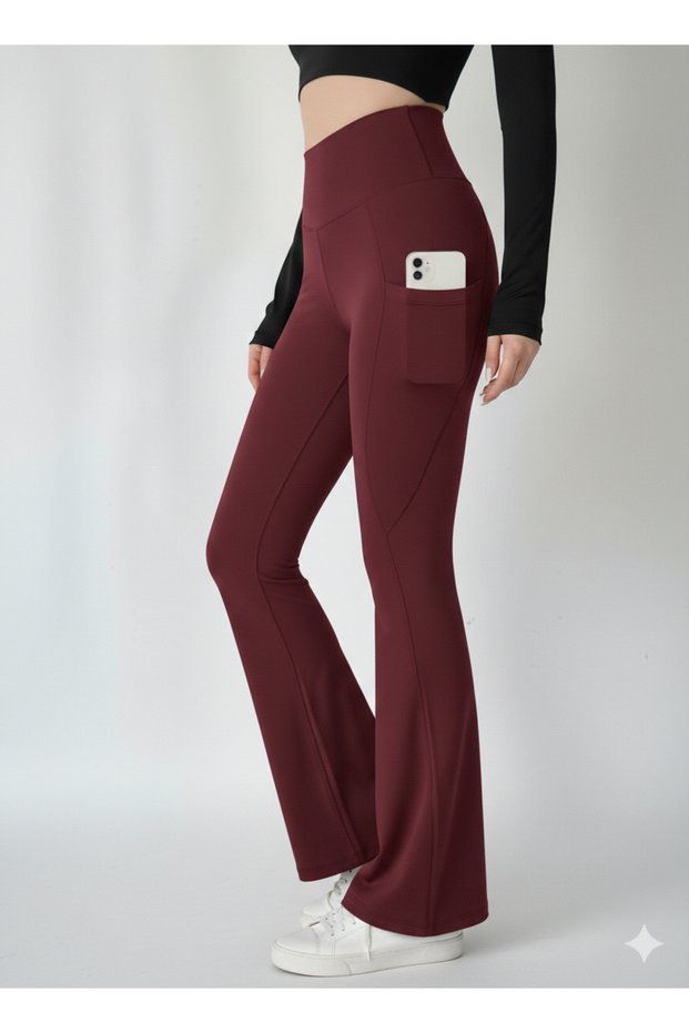 Women's Burgundy High Waist Shaping / Sculpting Double Pocket Flared Leggings