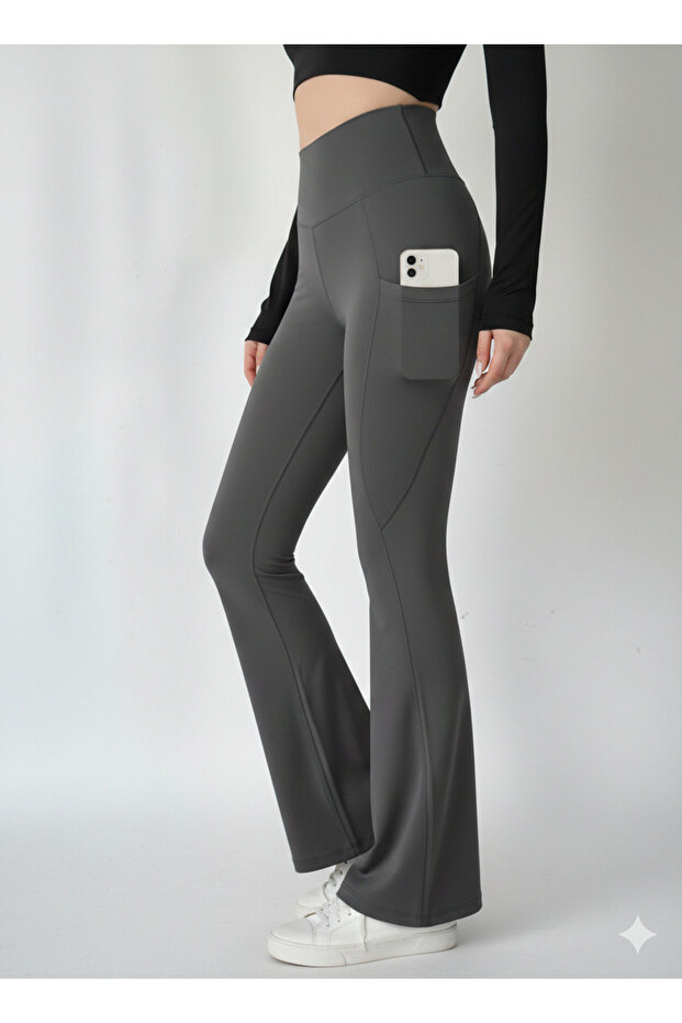 Women's Brown High Waist Shaping / Sculpting Double Pocket Flared Leggings