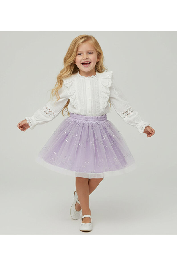 Silver Floral Printed Tulle Skirt