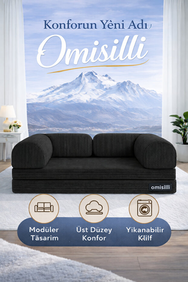 OMİSİLLİ Kaymaz Cırt Bantlı Katlanabilir Kanepe Yatak – Fitilli Kadife, Yıkanabilir, Çökmez (90x200x32)
