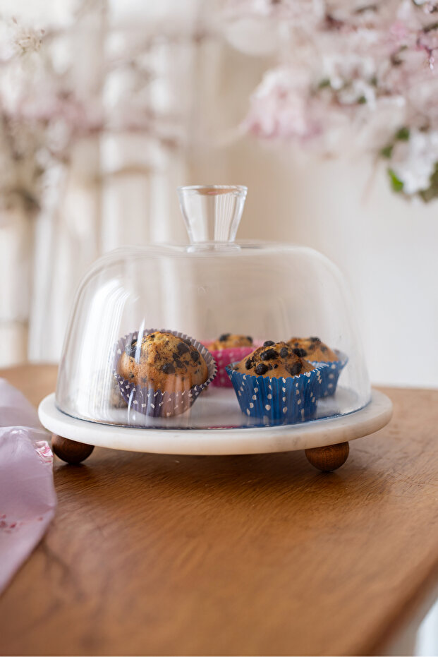 Marble White 25 cm Wooden Bead Footed Glass Jar - Bread and Cake Stand - Cake Stand