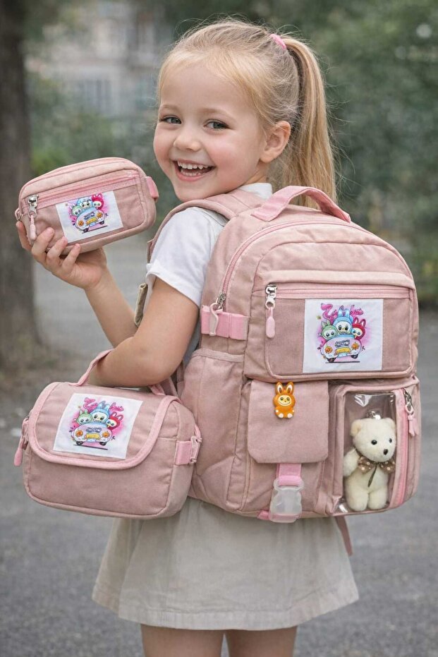 Korean Style Five-Compartment School Bag Set of 3 with Accessories, Lunch Box and Pencil Case