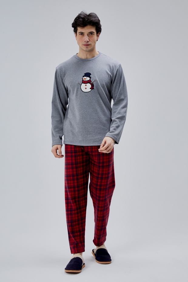 Mooncover Men's Snowman Embroidered Christmas Pajama Set – Couple Combination, Gray