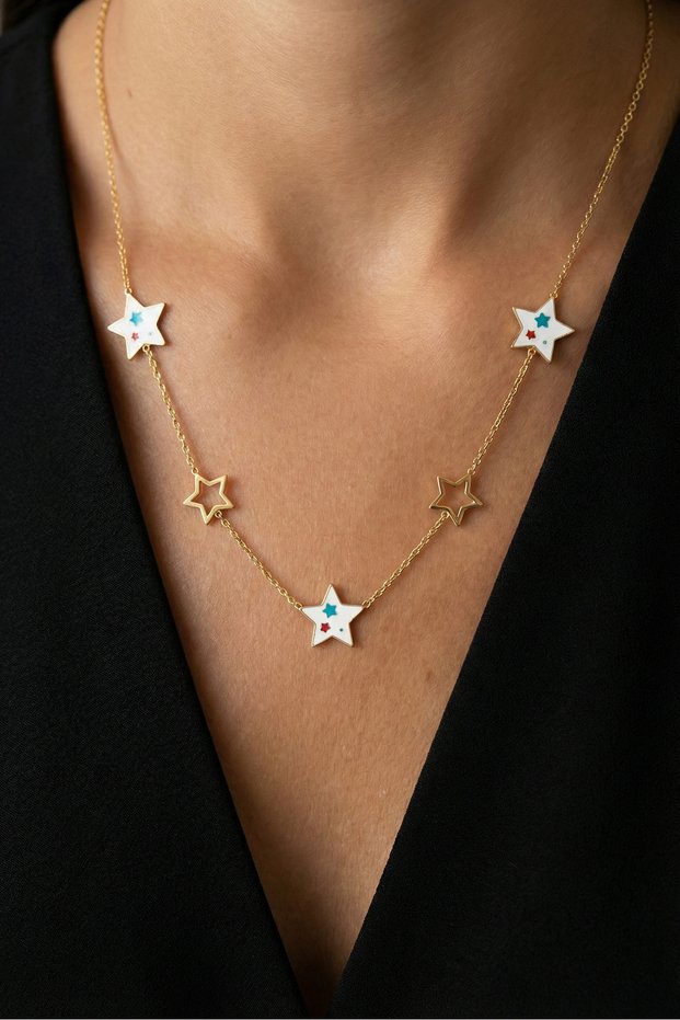 Steel 22K Enamel White Star Necklace 45 cm | Gold Color Non Tarnish Jewelry Women Steel Necklace