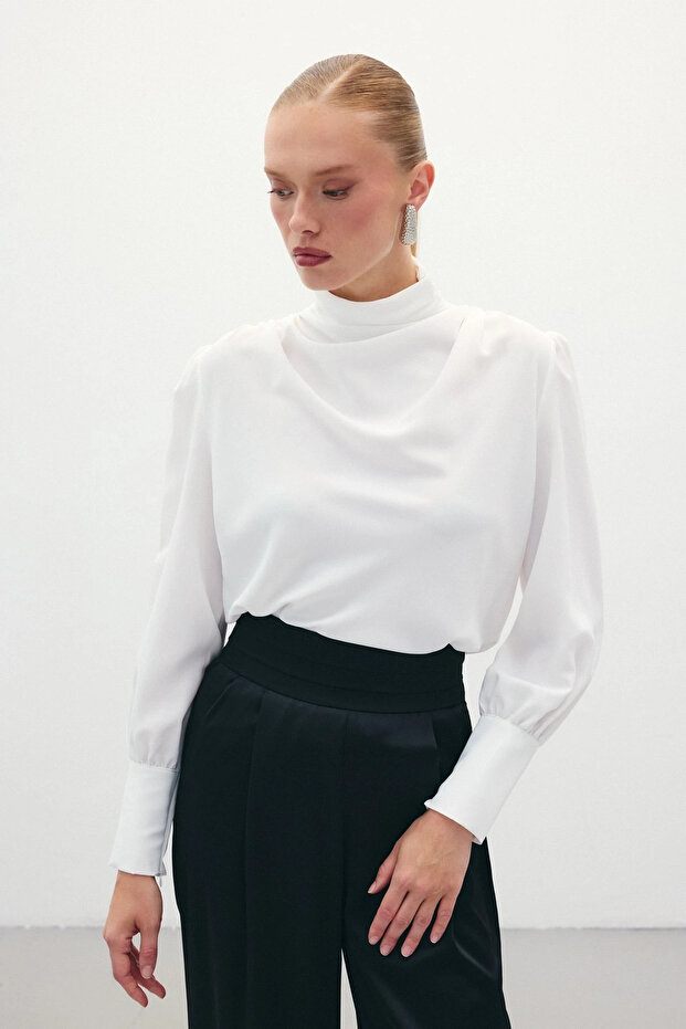 Drape Detaylı Bluz - Ekru - 4