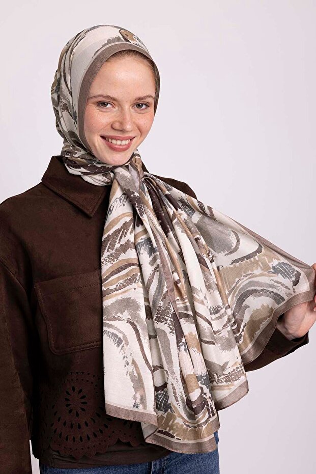 Devr-I Brush Patterned Single-Sided Shawl - Brown - 4
