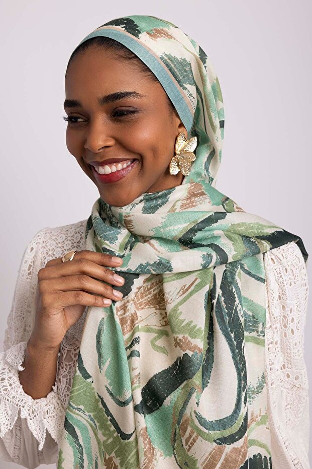 شال منقوش بتصميم ديفري فرشا من جانب واحد - أخضر نعناعي - 1