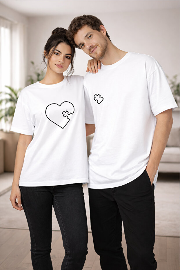 Puzzle Heart Printed Couple T-Shirt Set Loose Fit Oversized Cotton Couple Tshirt